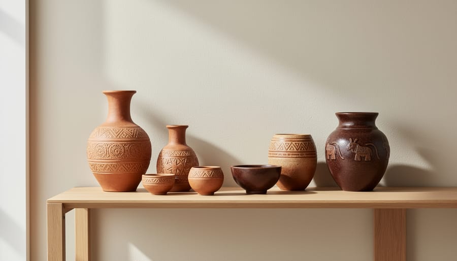 Colorful artisan-style ceramics arranged on a shelf and tabletop in a warm entryway vignette