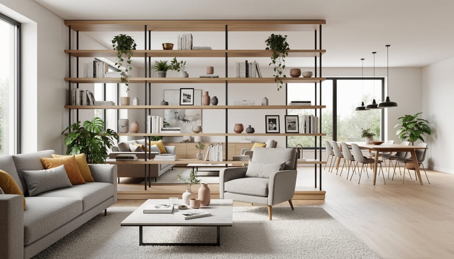 Open shelving unit used as a room divider between living and dining zones