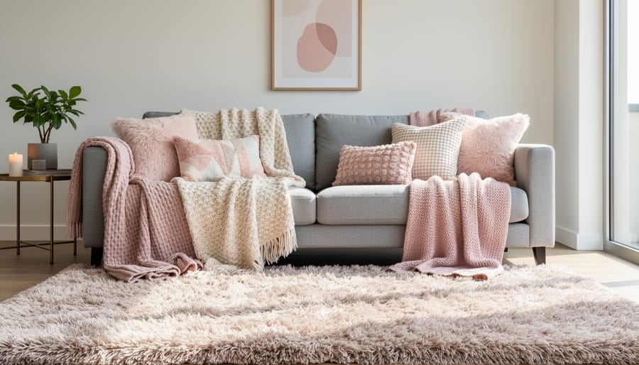 Cozy living room textiles with chunky knit blanket, patterned pillows, and a pastel area rug