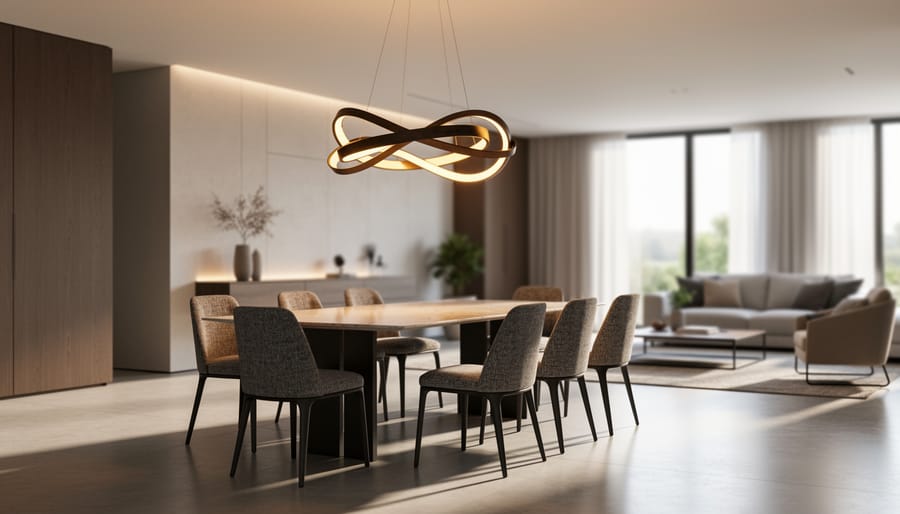 Statement chandelier pendant lighting above a dining table in a living-dining room