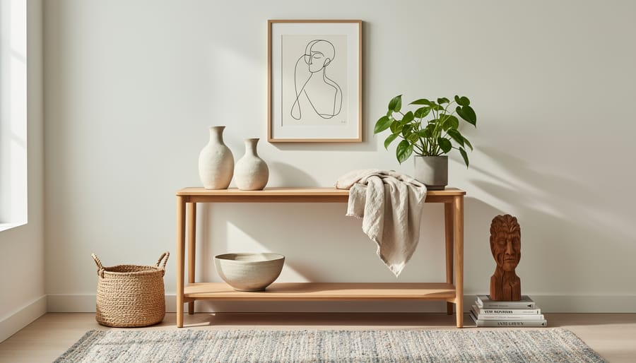 Living room scene with handmade pottery, a woven textile wall hanging, and a reclaimed-wood shelf arranged together.