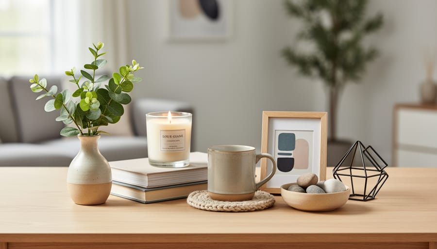 Tabletop arrangement of candle holder, wall clock, framed picture, and decorative pillow under soft studio lighting.