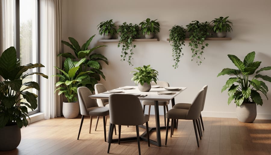 Biophilic dining room with potted indoor plants and a living wall accent