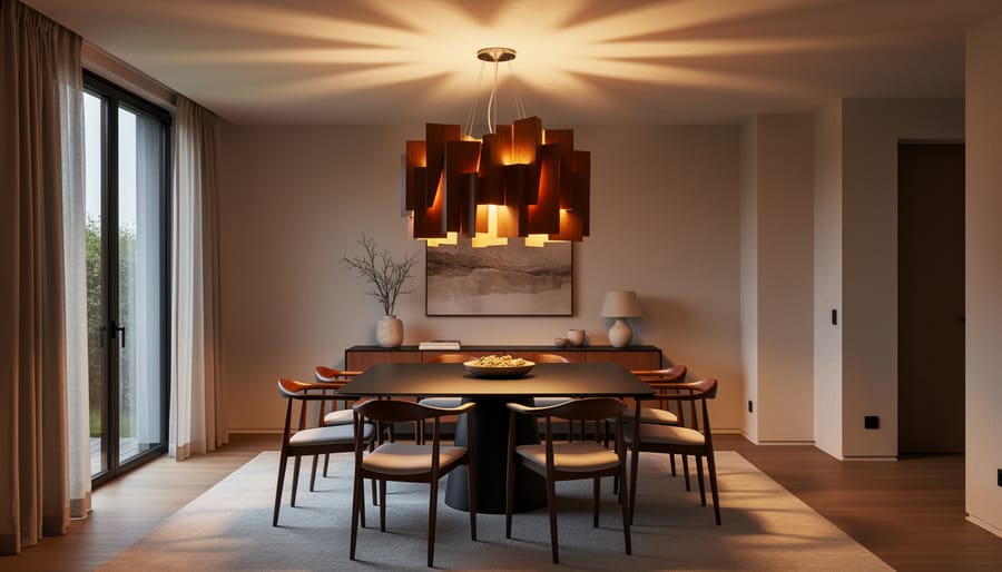 Sculptural pendant light shining above a modern dining table