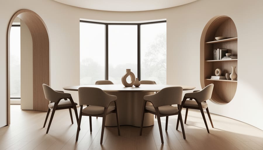 Modern dining room with rounded table, curved chairs, and an arched mirror