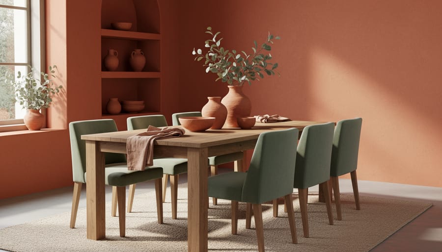 Earthy neutral dining room with terracotta ceramics, sage accents, and warm beige tones