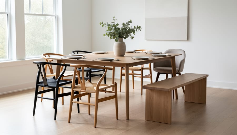Modern dining room with mix-and-match chairs and a bench around a table