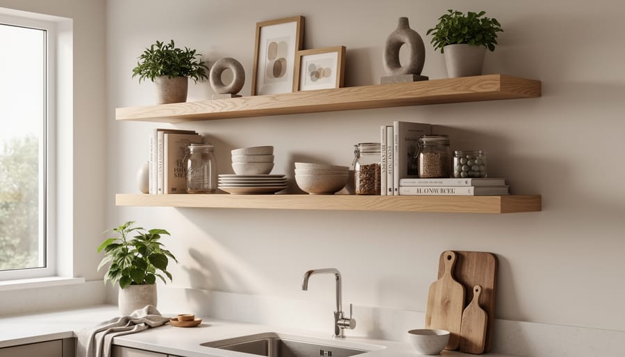 Modern open shelving displaying ceramics and glassware in a dining room