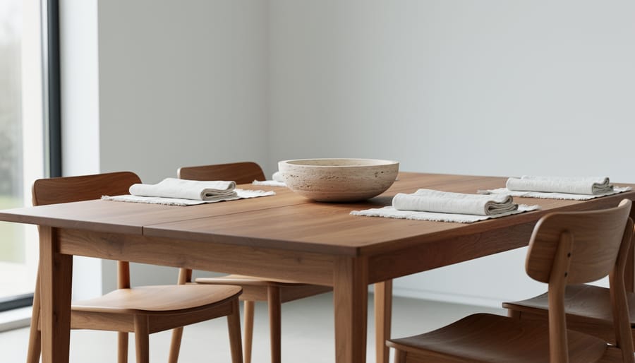 Modern dining room dining table with light wood, linen placemats, and natural-fiber chairs
