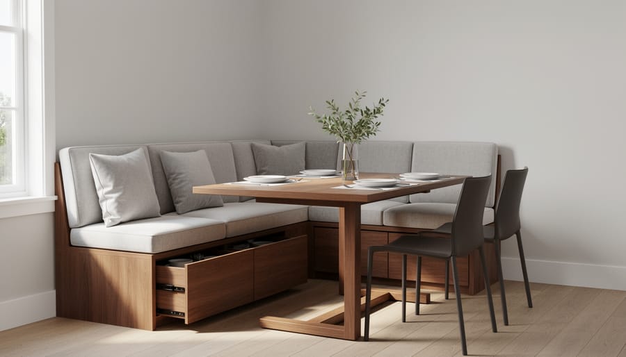 Built-in banquette seating with upholstered cushions in a small dining room
