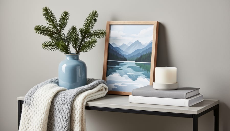 Curated decor vignette featuring forest green, lake blue, granite gray textures, white sheers, and warm oak accents