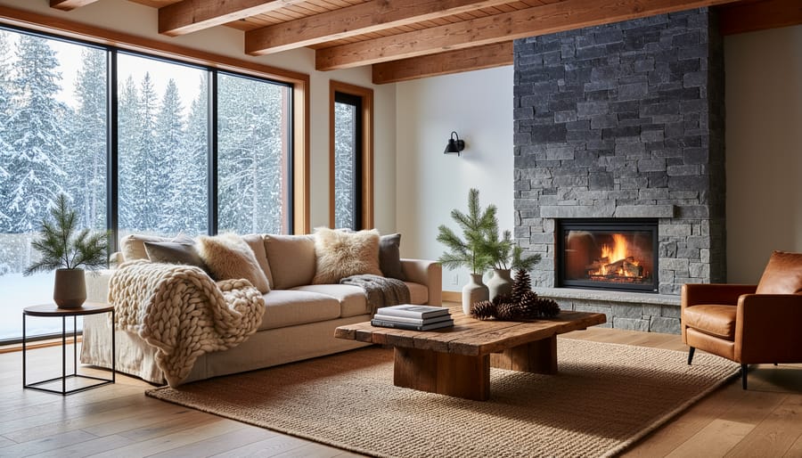 Canadian living room with reclaimed wood table, wool throw, stone fireplace, and snowy view through large windows