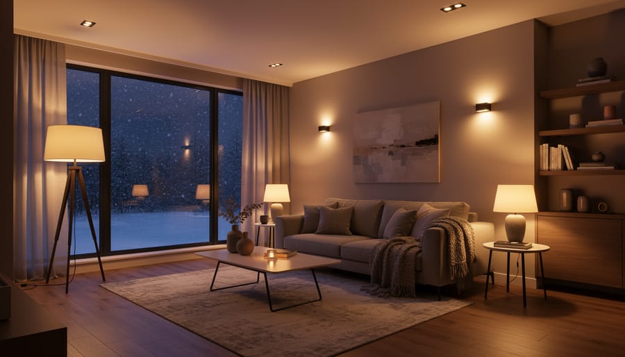 Cozy Canadian entryway and reading nook lit with warm lamps over natural wood and textiles