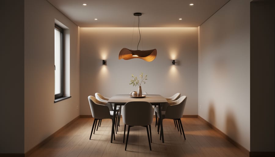 Pendant lighting over a small dining table with warm layered light