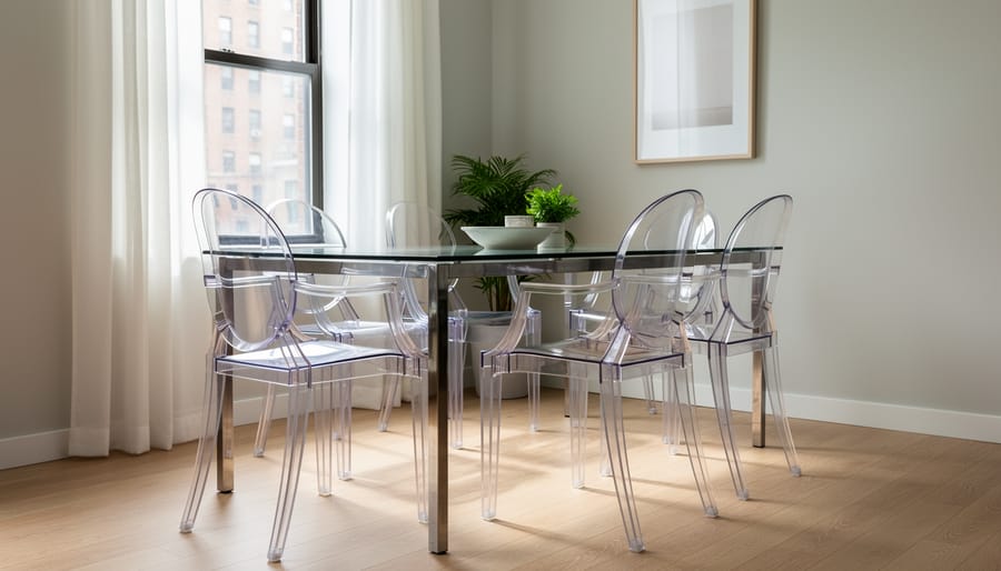 Transparent lucite dining chairs in a small dining space