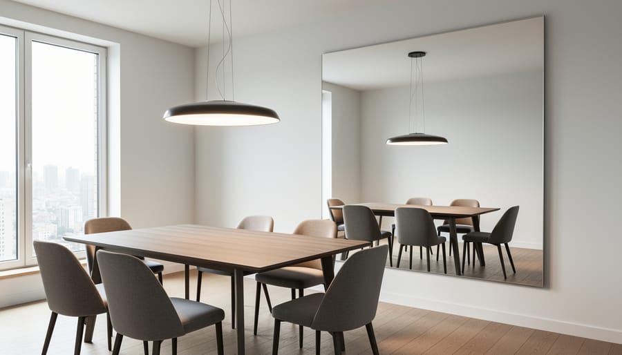 Small dining room with a large mirror reflecting the dining area
