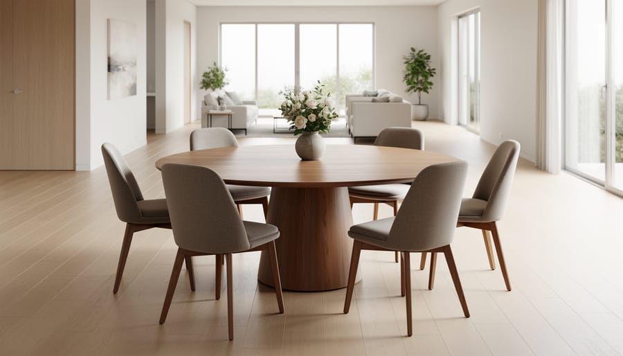 Round dining table setup in a small dining room emphasizing open flow