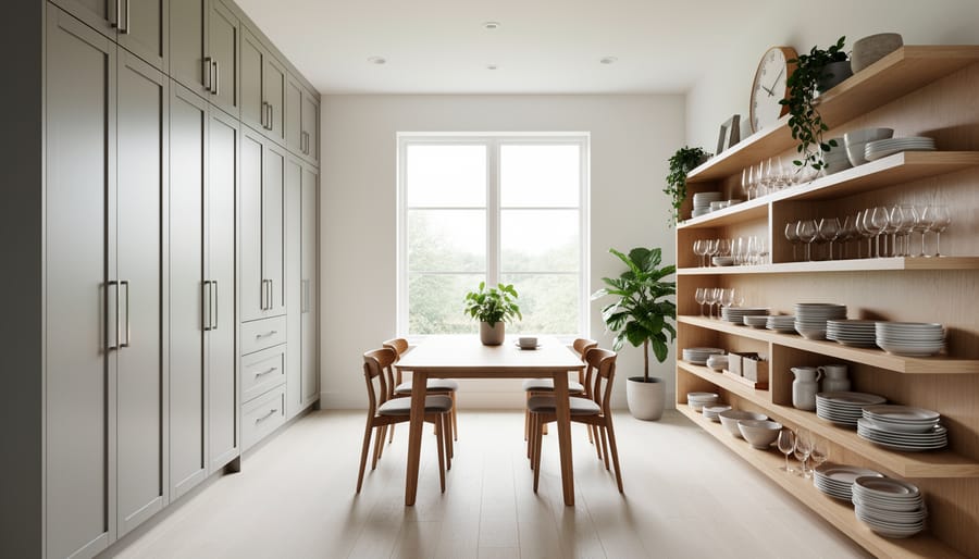 Open shelving and a tall cabinet providing vertical storage in a small dining room