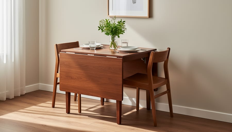 Wall-mounted drop-leaf dining table extended for two in a small room